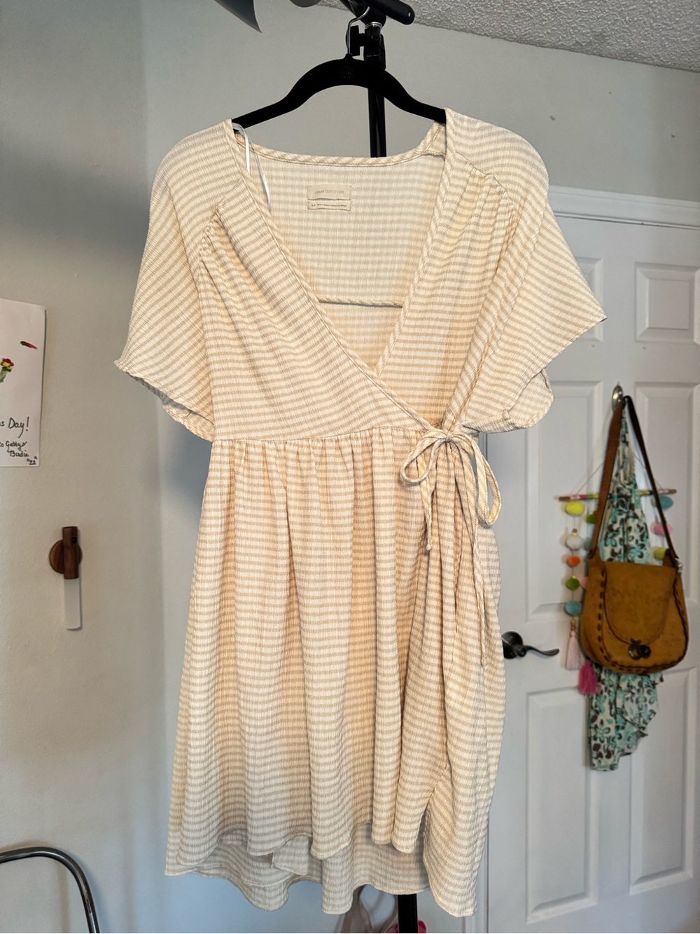 Urban Outfitters Cream and Beige Striped Wrap Mini Dress